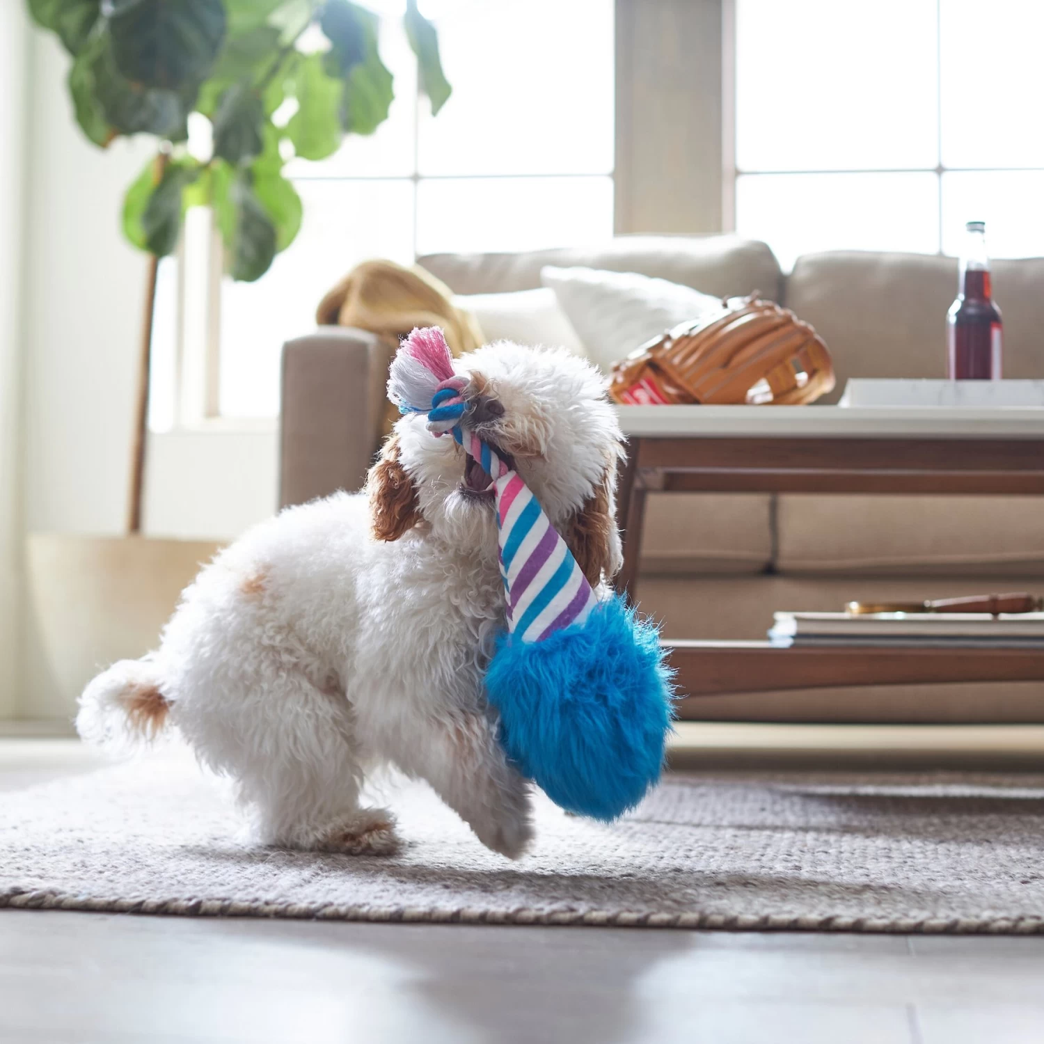 Frisco Baseball Cotton Candy Plush With Rope Squeaky Dog Toy 3 Frisco Baseball Cotton Candy Plush With Rope Squeaky Dog Toy - Image 3