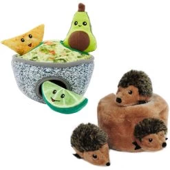 Frisco Guacamole Hide & Seek Puzzle Plush Squeaky Dog Toy & ZippyPaws Burrow Squeaky Hide & Seek Plush Dog Toy, Hedgehog Den